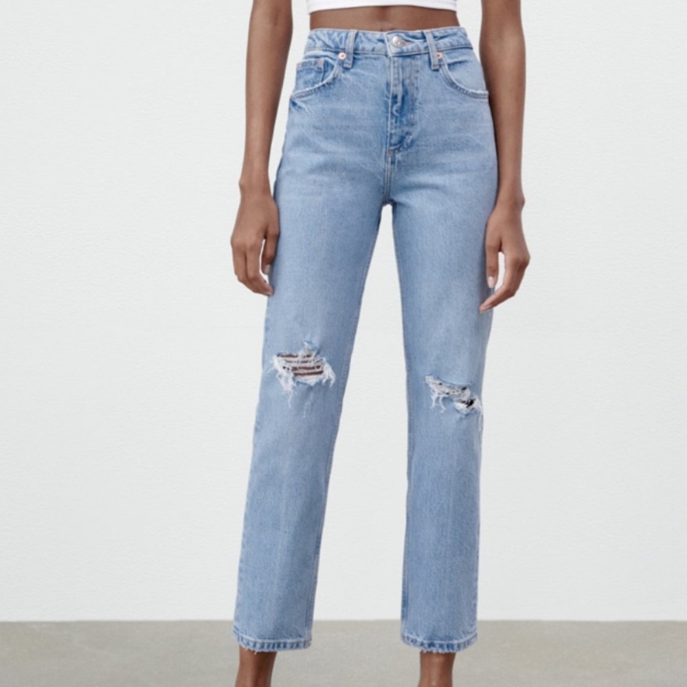 Zara slim fit high rise ripped jeans